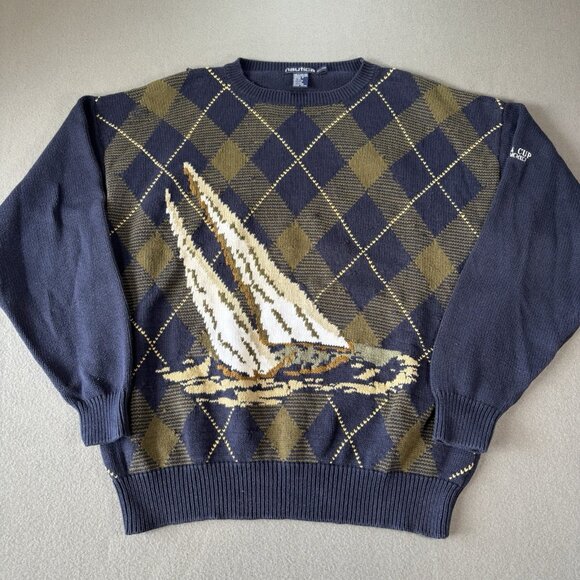 Vintage 90s Nautica Scotland Cup Sailboats Knit Pattern Sweater Men's XL Blue - Picture 1 of 15